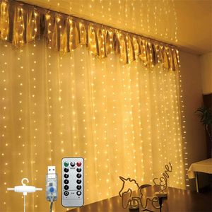 Luzes de fada de cortina 3m x 3m 300LED Controle remoto 8 modos de iluminação Luz de corda alimentada por USB para quarto interno, feriado, decoração de festa, janela, casamento