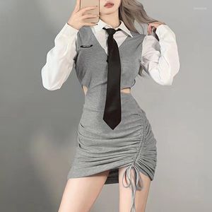 Vestidos Casuais Estilo Coreano Mini Vestido Feminino Harajuku Manga Longa Com Gravata Academia Estética Moda Roupas Streetwear