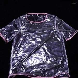 Herr t shirts man se genom tydlig transparent pvc rosa sex kort ärm vattentät scen show costumes musik festival punk motobike