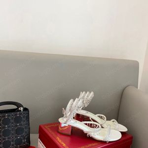Rene Caovilla Cleo Rhinestone Heeled Sandals 4cm 7,5 cm Square Toe Snake Print Ankle Wrap Thin Heeled Women's High Heels Luxury Designer spetsbox.