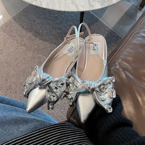 2023 Summer New Rhinestone Silver Fairy Single Shoe Tip Lace-up Sandals Womens Comfortable Simple Fashion Womens Slippers Shoe