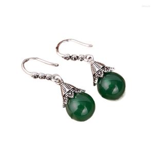 Dangle Oorbellen Groene Jade Kraal Mode Vrouwen Natuurlijke Charme Zirkoon Chalcedoon Retro Crystal 925 Zilveren Amulet Edelsteen Sieraden Geschenken