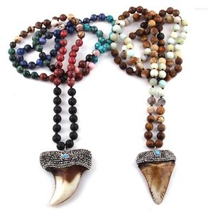 Pendant Necklaces Fashion Bohemian Tribal Jewelry 108 Bead Multi Stones Long Knotted Handmade Paved Bull Head Necklace For Women