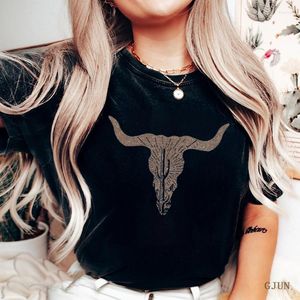 Kadın Tişörtleri İnek Kafatası Çöl Kaktusu Silhouette T-Shirt Kadın Grafik Üstleri Kadınlar Moda Kısa Kol gevşek Harajuku Kızlar Boho