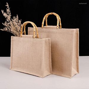 Shoppingpåsar bärbar säckväska väska vattentät jute handväska med bambu loop handtag på hög kapacitet unisex vintage