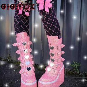 Boots Brand Fashion Gothic Street Cool Wedges Women Shoes Buckles Big Size 43 Pink Chunky Platform Motorcycles Boots Z0605