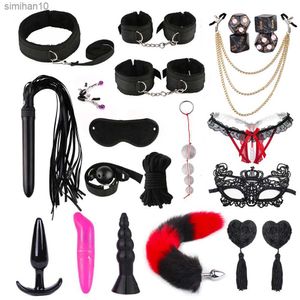 BDSM Kits Erwachsene Sexspielzeug für Paare Hände Nippelklemmen Peitsche Spanking Sex Metall Anal Plug Vibrator Exotisches Bett Bondage Set L230518