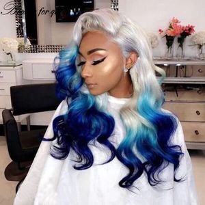 Long Brazilian Blonde Ombre Blue Colored Lace Front Wig Human Hair 13X4 Lace Frontal Body Wave Synthetic Wigs for Women Natural Hairline