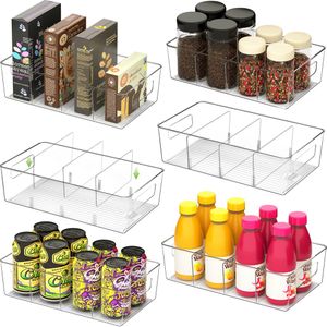 Of 6 Refrigerator Organizer Bins Clear Plastic Snack Organizer For Pantry With 3 Dividers Removable, Acrylic Fridge