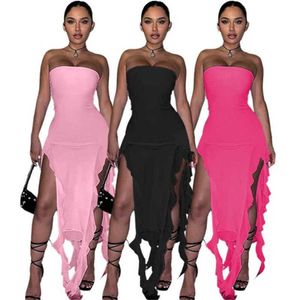 Fashion Women Dresses Sexy Slash Neck Ins Style Chest Wrapped Mesh Patchwork Ruffle Slit Dress