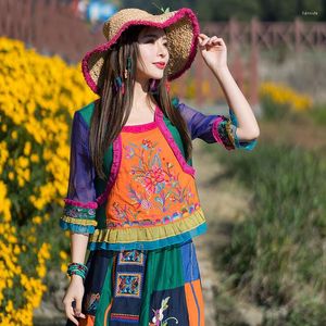 エスニック服中国のヴィンテージハンフブラウス伝統的な花刺繍タングスーツチョンサムQipao女性コットンリネンシャツチャイナP1