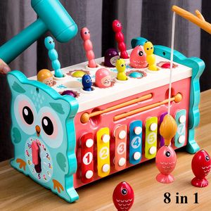 Trummor Percussion Baby Montessori Toys Fishing Owl Cube 0 6 12 månader Lärande Education Clock Kids Hammer Game Set With Music Puzzle Piano Gift 230605