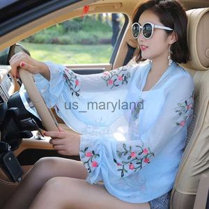 Outdoor Shirts 2023 Summer New Women Long Casual Embroidered Floral Sun Protection Sleeves Beach Shawl Shirt Chiffon Driving Scarf Arm Warmers J230605