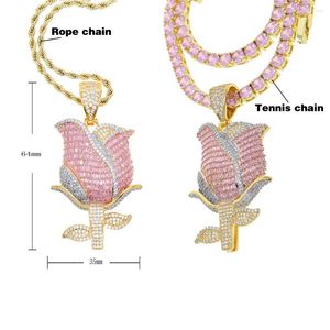 Ketten 2023 Mode Gold Farbe Rosa Pinky Iced Out Bling Männer Frauen Micro Pave 5A Zirkonia Rose Blume Anhänger Halsketten Schmuck