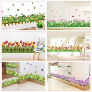 Pastoral Flowers Grass Fence With Butterfly Wall Stickers Pvc Decals Mural Art For Office Shop Bedroom Baseboard Home Decoration