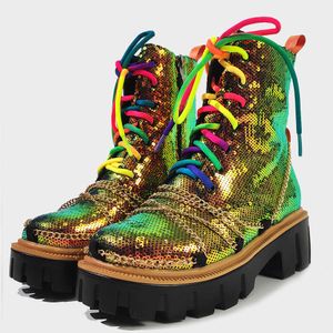 Stiefel Bling -Pailletten brandneue Regenbogen Trendy Fashion Platform Schuhe Frauen Boots Schuhe Chunky Stiefel Z0605