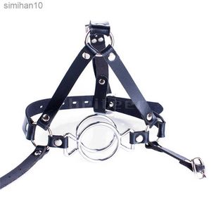 Adult Double O-Rings Stainless Steel Open Mouth Ring Gag Head Hood Harness Strap BDSM Restraint Bondage Sex Toy L230518