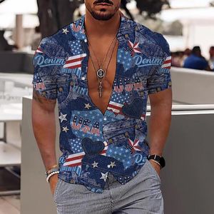 Mäns casual skjortor Mens mode och fritid 3D digital tryckningsknapp LAPEL Independent Day Kort ärmskjorta lång lång