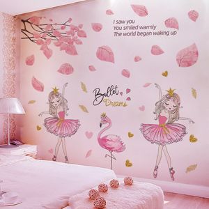 Adesivos de parede de folhas de árvore cor-de-rosa Decoração DIY Ballet Girl Flamingo Decalques de parede para quartos de crianças quarto de bebê berçário decoração de casa