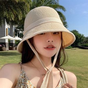 Elegant Lace-up Bucket Hat 2023 New Korean Breathable Casual Windproof Basin Cap Summer Foldable Sun Protection Sun Hats Women L230523