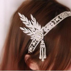 Crystal Pearl Ribbon pannband Vintage Bridal Great Gatsby Flapper Leaves Rhinestone Hairband Fashion Accessories smycken