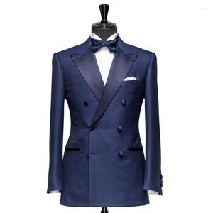 Erkekler lacivert çift göğüslü göğüslü erkekler ince fit zirveli yaka resmi iş damat smokin düğün blazer 2 adet ceket pantolon