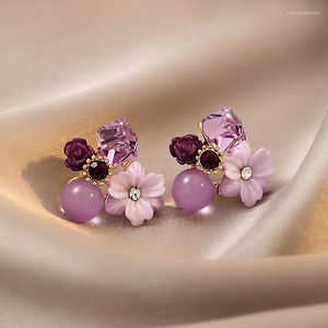 Brincos de flor de cristal roxo para mulher, joias da moda coreana, festa de casamento, elegância, conjunto de acessórios para meninas
