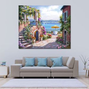 Seaside Serenity Canvas Wall Art Tuscan Terrace Realistic Landscape Handgjorda vackra konstverk för kontorsvägg