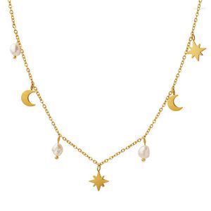 Anhänger Halsketten Korea Süße Stern Mond Süßwasser Perle Halskette Für Frauen Edelstahl 18k Gold Überzogene Wasserdicht Schmuck