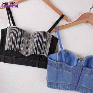 T-shirt Denim Nappa pesante Performance Camis Donna Bar DJ Discoteca Discoteca Top Modellatura Estate Corto Crop Top Strap Dance Vest