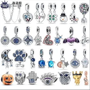 För Pandora Charms Sterling Silver Beads Evil Eye Owl Hot Air Balloon Blue Charms