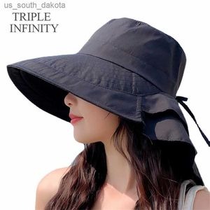 Kadınlar için yeni moda şapkaları yaz büyük kova şapkası UV koruma plaj kapağı shl kapak at kuyruğu deliği panama güneş koruyucu yürüyüş şapkası l230523