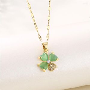 Collane con ciondolo Cuore verde menta Fiore Fortunato Acciaio inossidabile per donna Elegante collana girocollo color oro con clavicola femminile