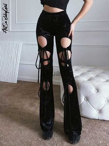 Calças femininas Capris Y2K Calças flare Calças com cadarço Calças femininas vazadas de cintura alta Calças femininas elegantes com pernas largas Calças pretas elásticas sólidas J230605
