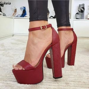 Sukeia New Women Platform Sandals PU Leather Chunky Hote Open Tooe Beautiful Burgundy Party Shoes Ladies Us Us Plus Size 5-20