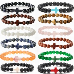 Pulseira de pedra natural turquesa de 8 mm lava ágata pulseiras elásticas com charme cruzado para homens e mulheres