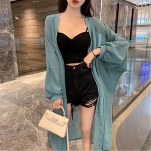 Women's Knits Black Kimono Shirt Long Puff Tops Loose Sun-protective Cardigan Summer Women Ladies Chiffon Blouse White Sleeve