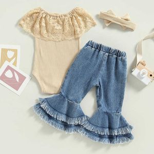 Kläder sätter sommaren nyfödd baby av axel spetsar stickade bodysuits och denim tassel flare långa byxor och pannband kläder