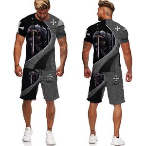 Men's Tracksuits Knight Templar 3D printed men's T-shirt cool short sleeved retro style street clothing two-piece summer sportswear set P230605