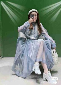 Basic & Casual Dresses designer 2023 Summer New Small Fresh Blue Stripe Pleated Large Swing Long Sleeve Shirt Dress Sun Protection N5DS