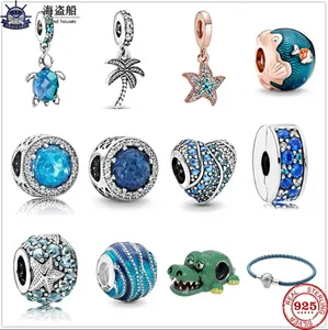 Para amuletos pandora contas de prata esterlina tartaruga estrela do mar coco crocodilo pingente