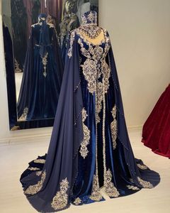Navy Blue Mermaid Evening Dresses Beading lace embroidery Kaftan caftan Chiffon velvet cape jacket Prom Gowns Sweetheart robes