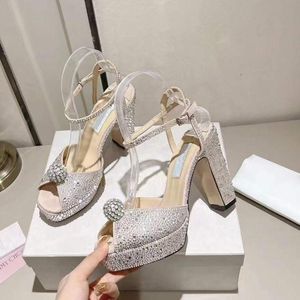 Fashion Women Sandals Pumps Sacora 100 mm Strass Diamond Decorated Italy Delicate Ankle Clare Sling Fish Mouth Designer Wedding Party Coarse Heels Sandal Box EU 34-43
