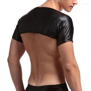Men's T Shirts Men's Black Crop Tops Summer Faux Leather Wrestling Man Exercise Gay Sexy Short Sleeve Costumes Harness