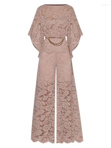 Calças femininas de duas peças verão 2023 designer de renda de alta qualidade mangas babados celebridade lindo casual top solto conjunto de moda flare