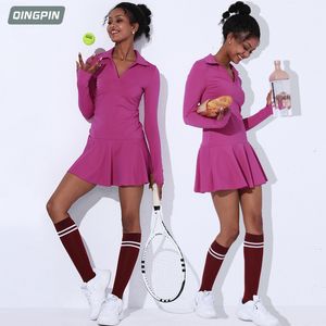 Vestidos casuais básicos femininos esportivos vestido de tênis fitness nude manga longa gola alta badminton saia esportiva vestido de tênis feminino 230603