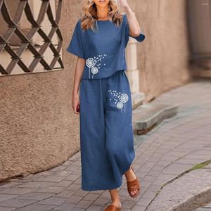 Women's Two Piece Pants Linen Sets For Women 2 Ladies Cotton Short Sleeve Printed Blouse Loose Cropped Womens Jumpsuit Wedding Guest