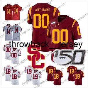 thr Custom USC Trojans 2020 NCAA Football Men Youth Kid 9 JuJu Smith-Schuster Slovis Pittman Simpon Seau Bush Malepeai 150TH Red White Jersey