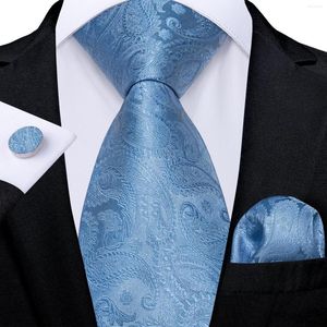 Papillon Fashion Light Blue Paisley Silk For Men 8cm Business Wedding Cravatta Set Fazzoletto Gemelli Accessori Drop