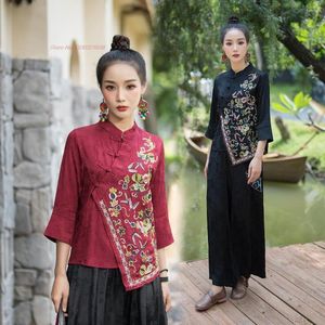 エスニック服2023中国国立ブラウス女性ヴィンテージタンスーツ伝統的な花刺繍オリエンタルフォークスタイルジャケット